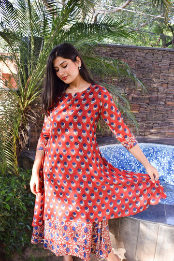 Aanetos Cotton Mulmul Hand Block Printed Double layered kurta with Mukesh work