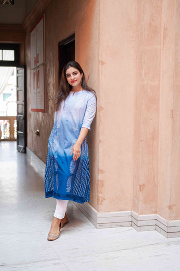 Aanetos Kurta with Chikan Work and hand block print and Ombrè