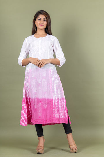 Aanetos Kurta with Chikankari Work and hand block print with Ombrè