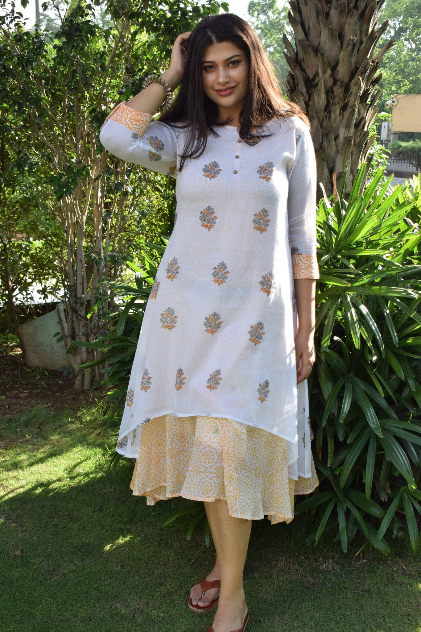 Aanetos Cotton Mulmul Hand Block Printed Double layered kurta