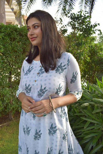 Aanetos Cotton Mulmul Hand Block Printed Double layered kurta