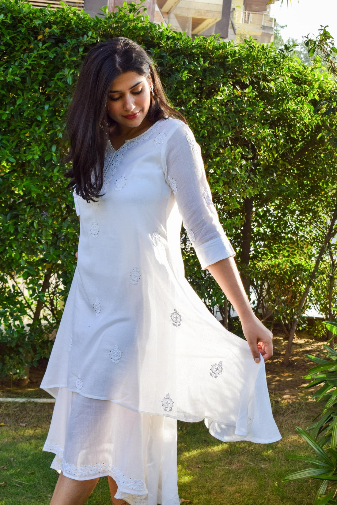 Aanetos Cotton Mulmul Double layered kurta with Chikankari work and Mukesh work