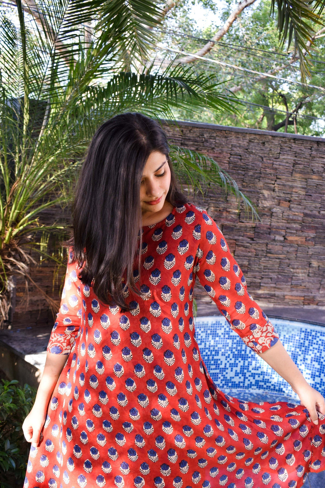 Aanetos Cotton Mulmul Hand Block Printed Double layered kurta with Mukesh work