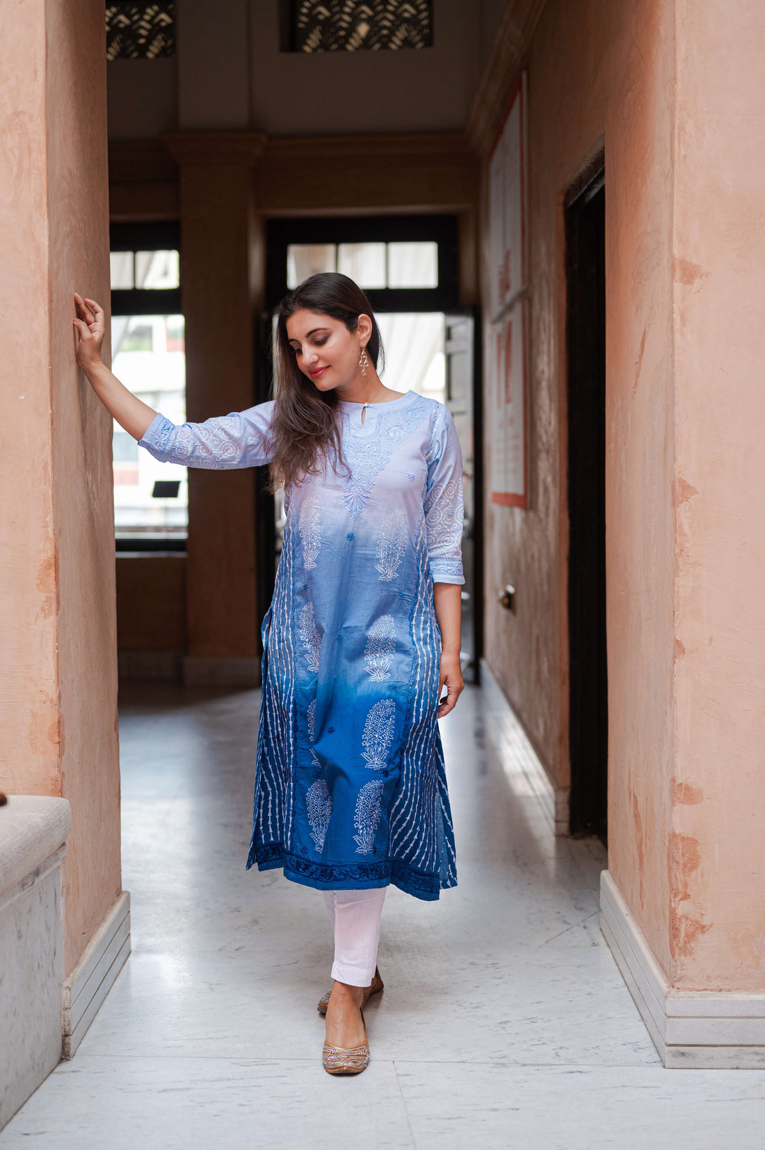 Aanetos Kurta with Chikan Work and hand block print and Ombrè