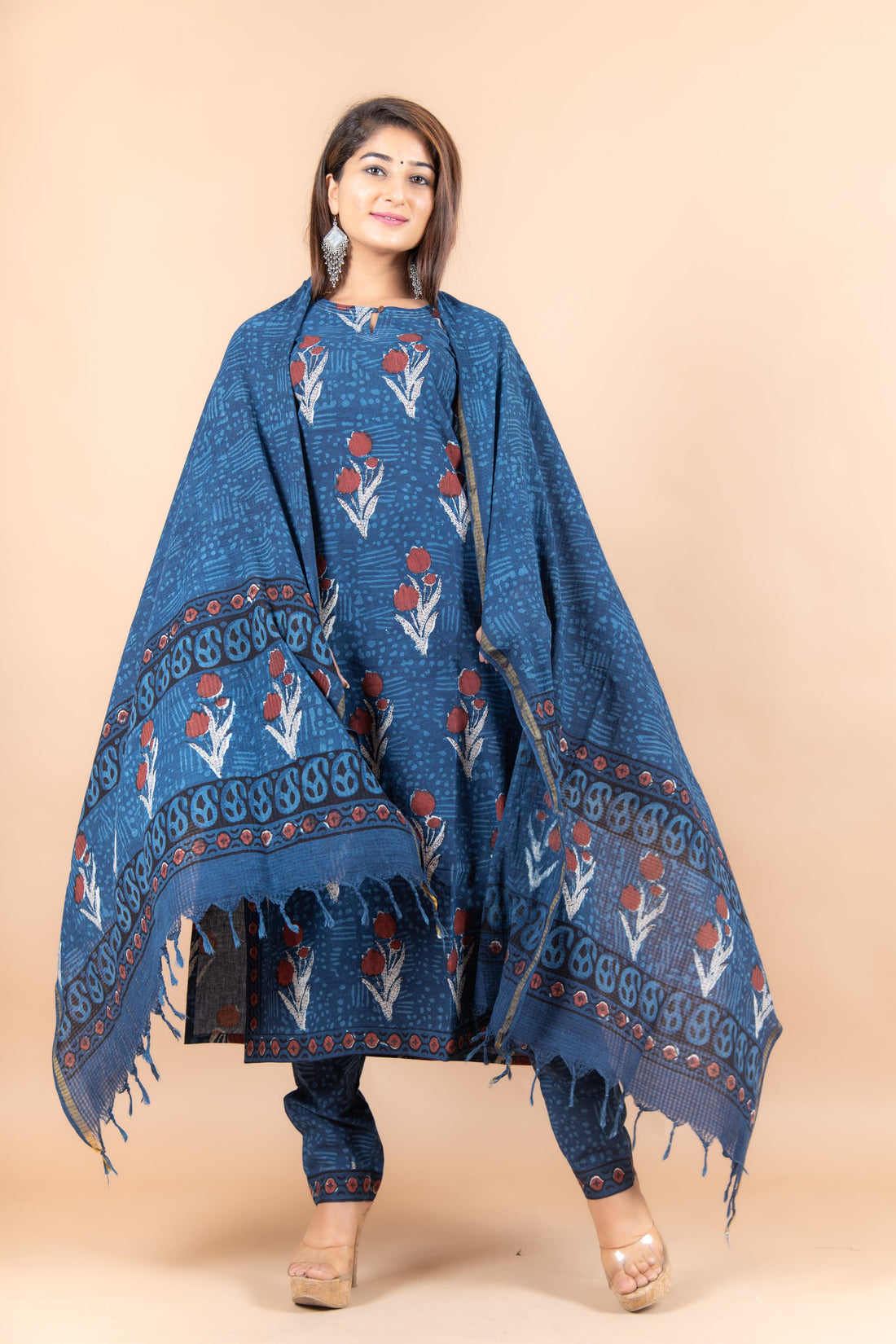 Hand Block Printed Kurta with pant and dupatta set in Indigo